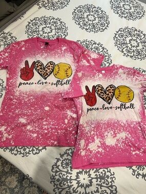 Mommy & Me Pink Bleached Matching T- Shirts Peace, Love & Softball